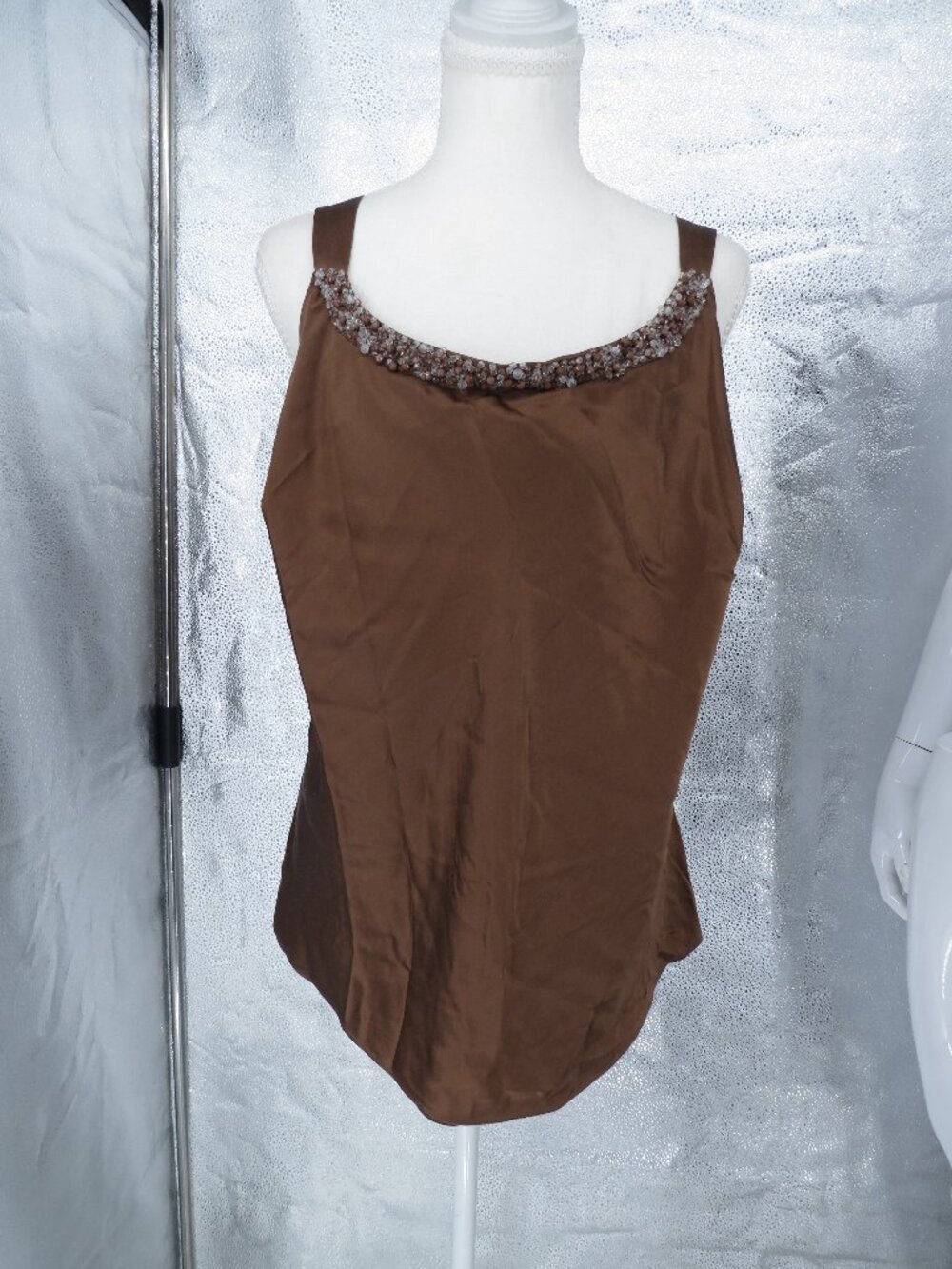 100 Silk Tank Top Brown Beaded Kate Hill Plus 18W Y2K Shell Cami Sleeveless